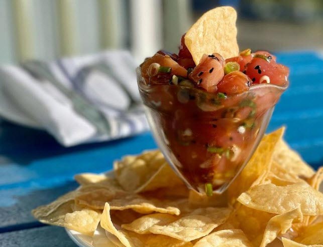 tuna poke appetizer at private event at Sam's Chowder House Ocean Terrace
