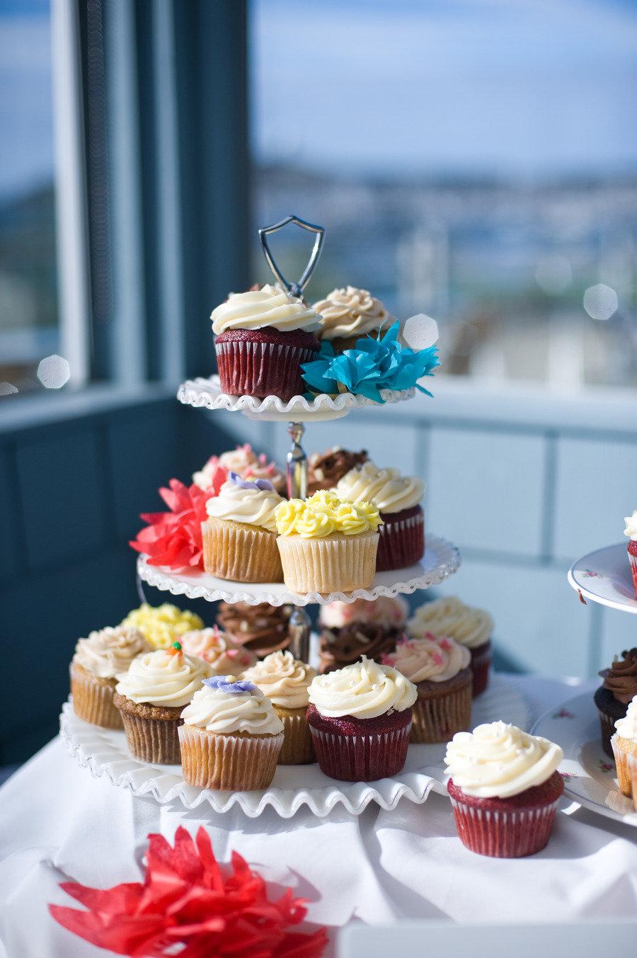 cupcakes on three tier serving tray